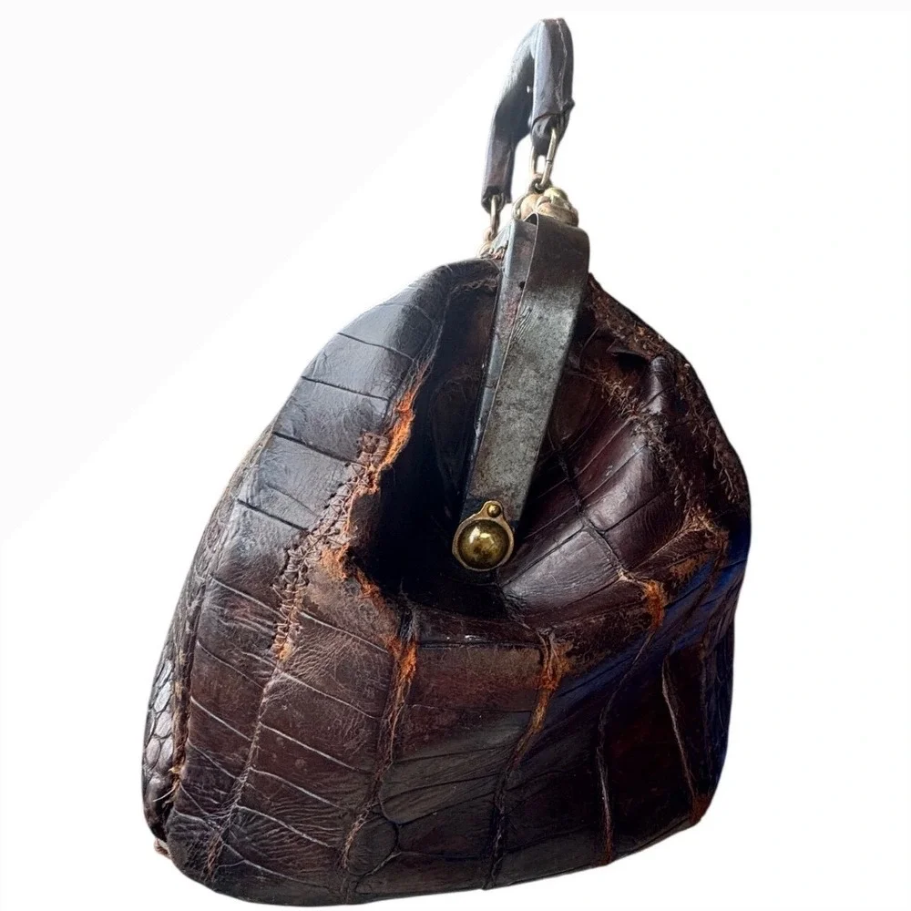 Antique Alligator Skin Doctor Bag Brown Leather Brass Hardware Restoration Prop